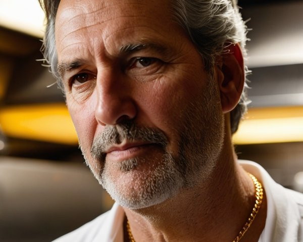 Mature Man in Professional Kitchen with Gold Chain