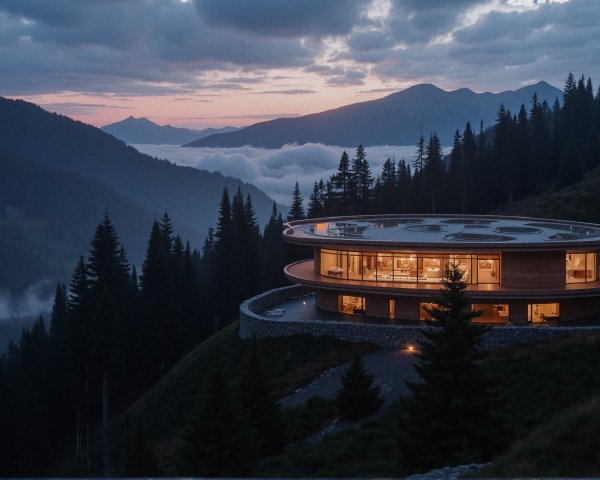 Circular Mountain House with Panoramic Views and Dawn Light
