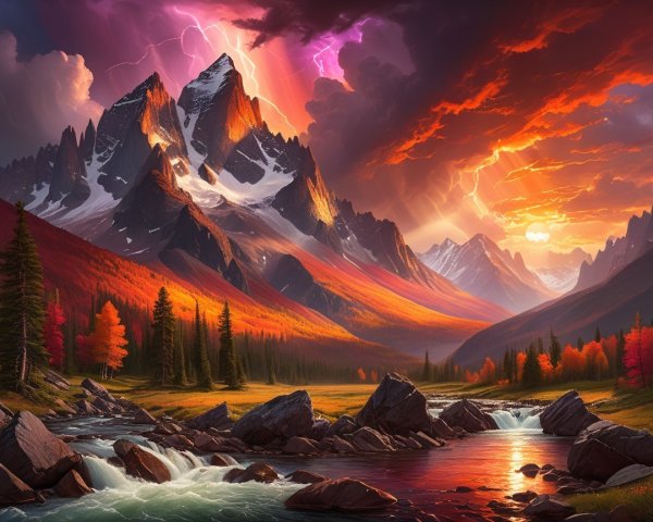 Rugged Mountains and Vibrant Sunset Landscape Scene