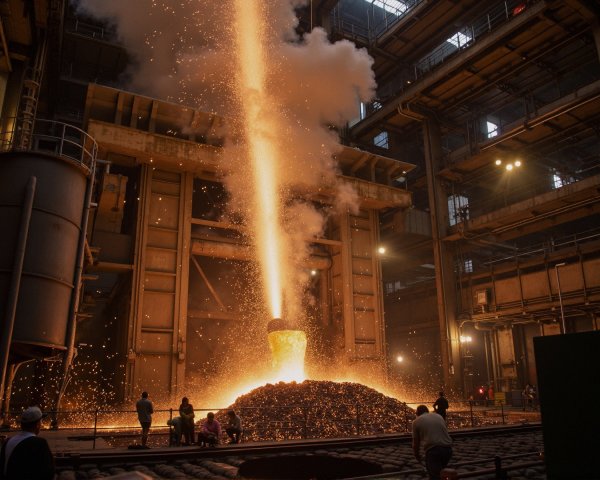 Molten Metal Pouring in a Vibrant Industrial Scene