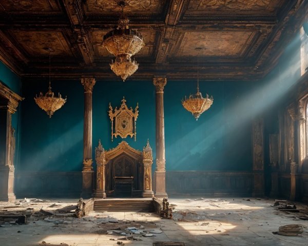Opulent Grand Hall with Decay and Intricate Chandeliers