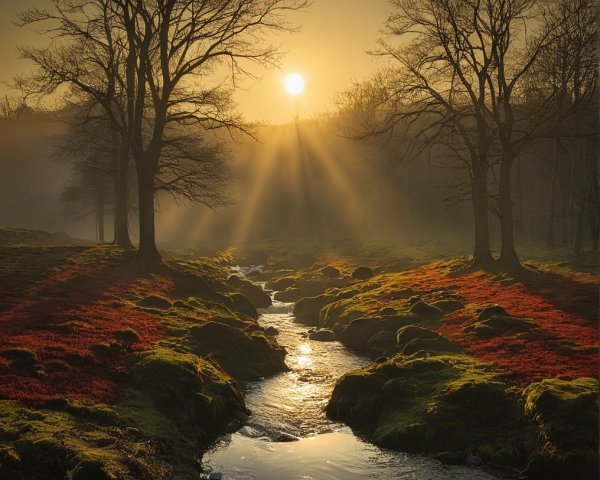 Serene Dawn Landscape with Stream and Vibrant Foliage