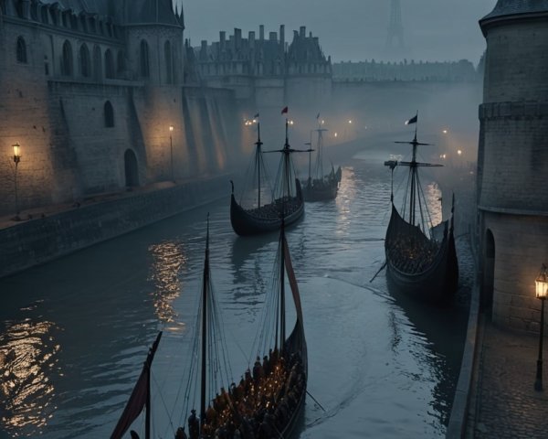 Viking Longships on a Misty River with Gothic Architecture
