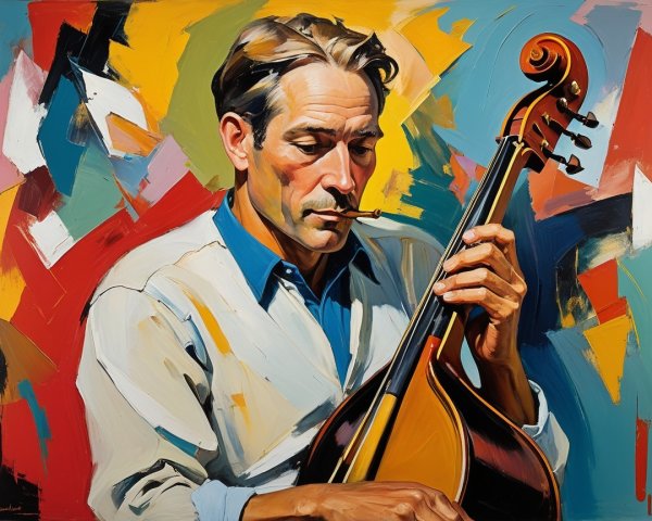 Focused Musician Playing String Instrument in Abstract Scene