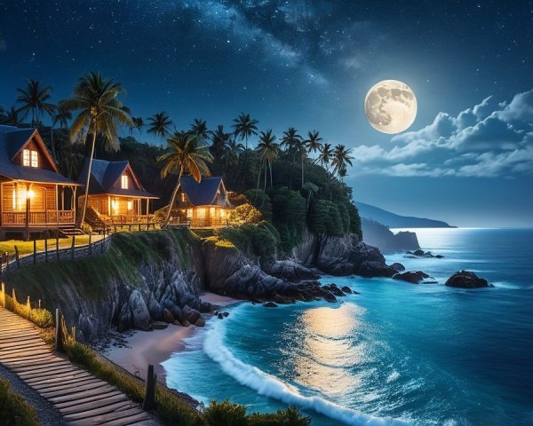 Nighttime Coastal Scene with Cottages and Moonlight