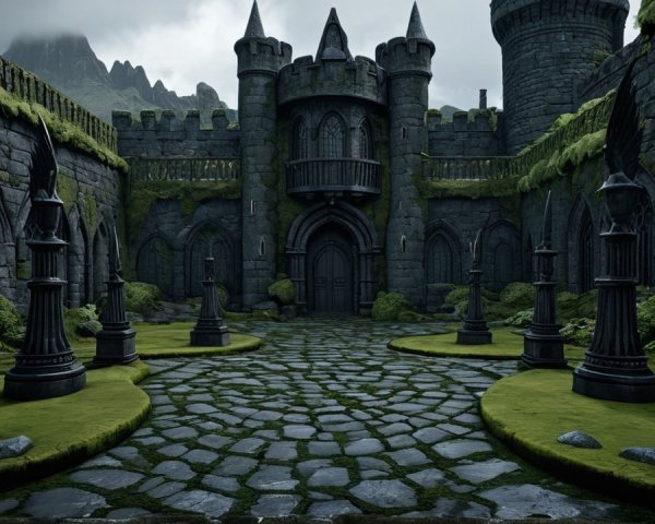 Medieval Stone Castle Courtyard with Turrets and Pathway