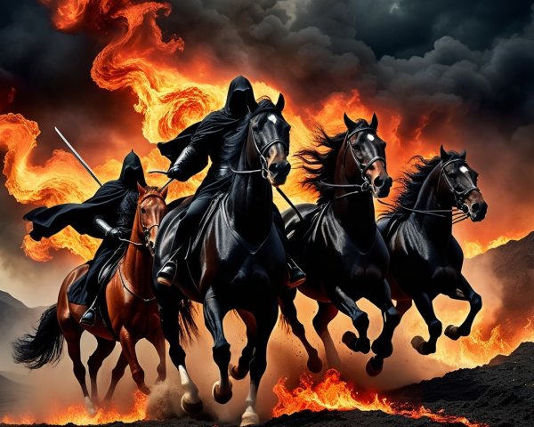 Cloaked Figures on Horses in Apocalyptic Landscape