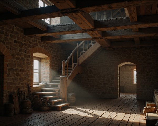 Rustic Stone Building Interior with Wooden Beams