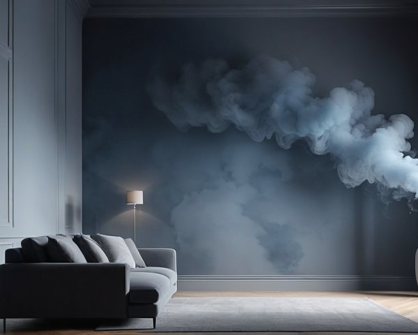 Modern Interior with Grey Sofa and Blue Wall Decor