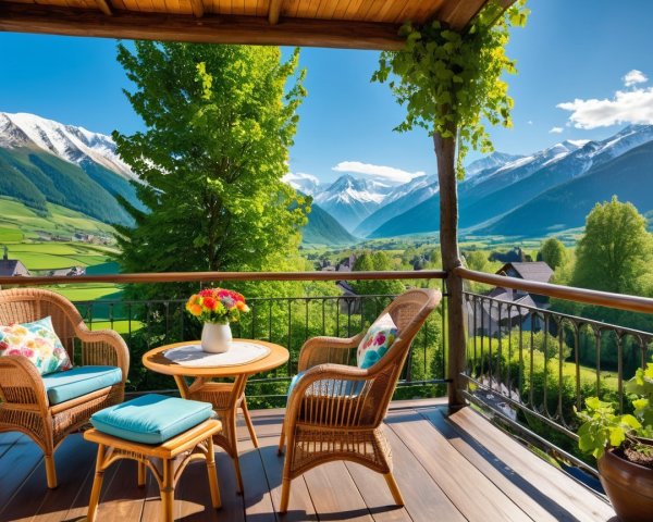 Scenic Balcony View of Valley and Snow-Capped Mountains