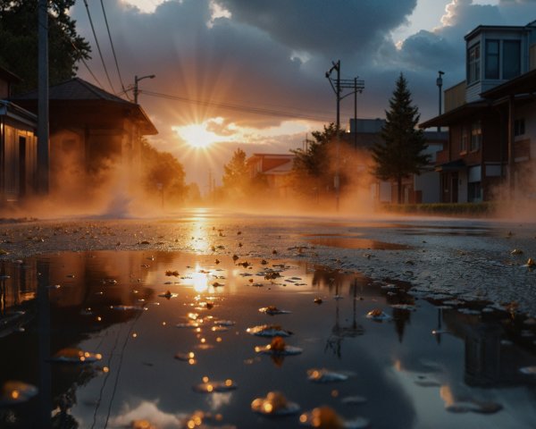 Serene Sunset Street with Reflective Wet Pavement