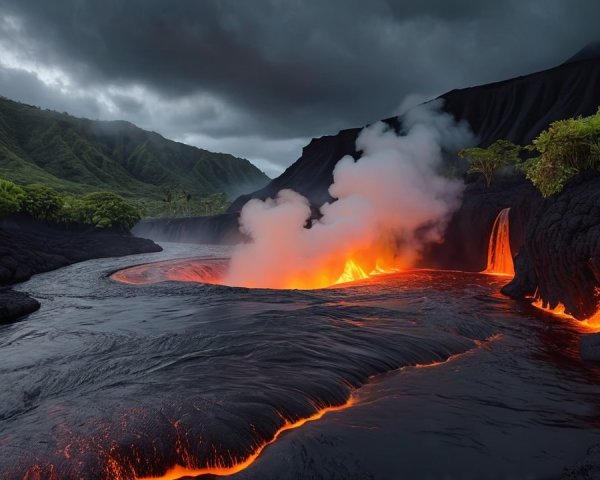 Dramatic Volcanic Landscape with Molten Lava Flow