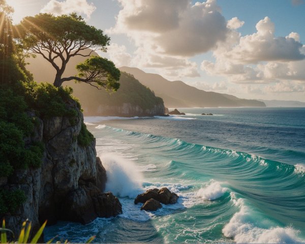 Coastal Scene with Tree and Turquoise Waves at Sunset