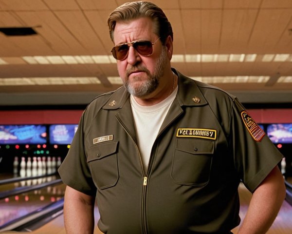 Confident Man in Military Bowling Shirt at Alley