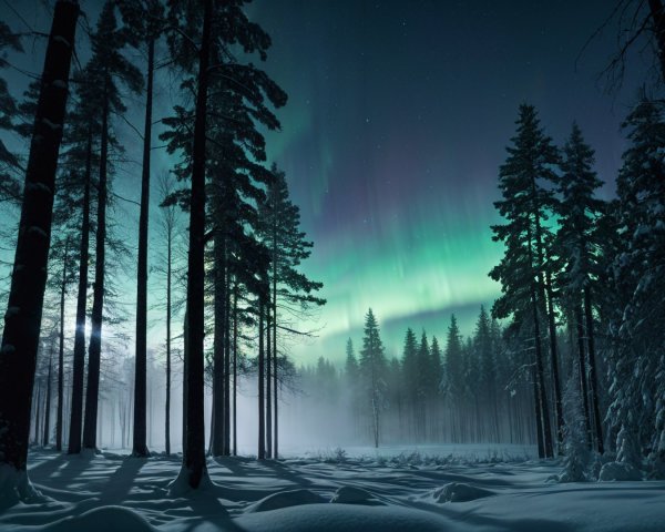 Winter Landscape with Pine Trees and Northern Lights