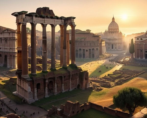Ancient Rome Sunrise View with Roman Forum Ruins