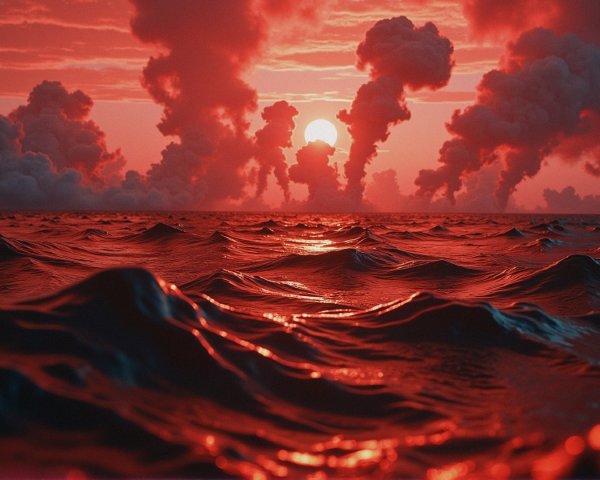 Surreal Seascape with Vibrant Red Hues and Clouds