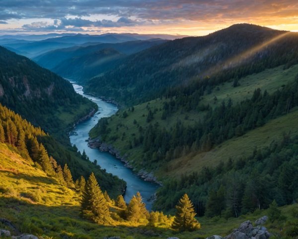 Serene river in a lush valley at sunset