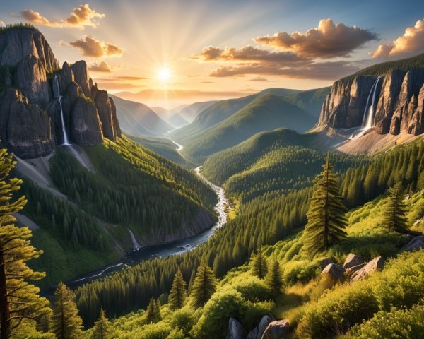 Serene Valley with Waterfalls and Lush Forests