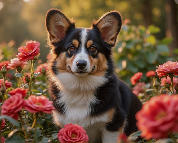 Corgi Among Pink Roses in a Serene Garden Setting