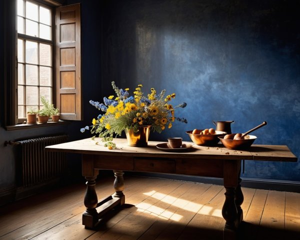 Rustic Wooden Table with Wildflowers and Greenery