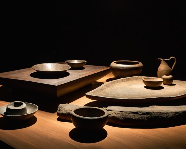 Ancient Pottery Collection Displayed with Warm Lighting