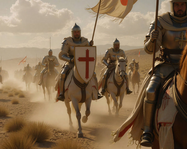 Crusader Knights on Horseback in Desert Landscape
