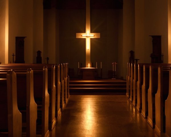 Serene Church Interior with Candlelit Altar and Cross