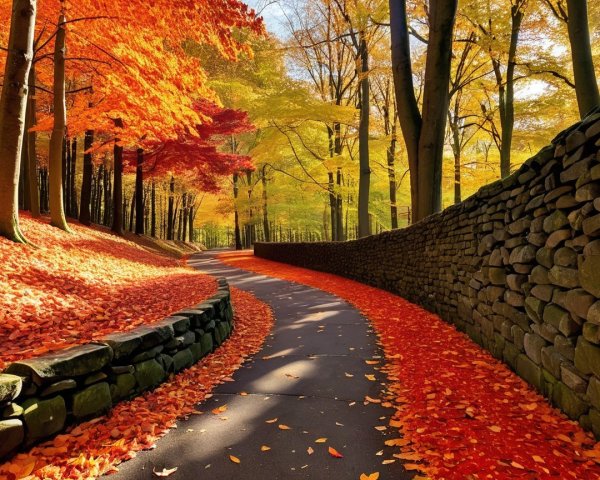 Autumn Forest Path with Colorful Foliage and Stone Wall
