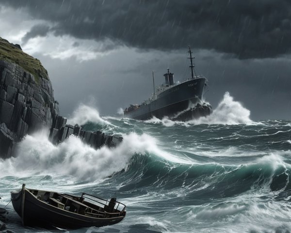 Stormy Seascape with Waves and Abandoned Boat