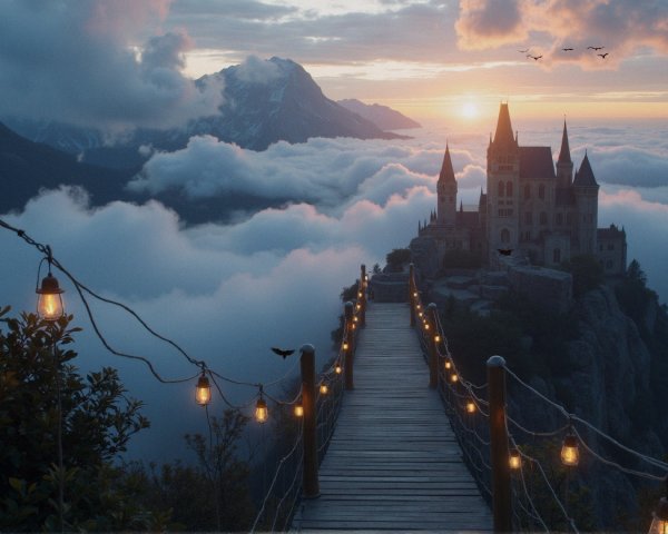 Castle on a Cliff with Sunset and Mountain Backdrop