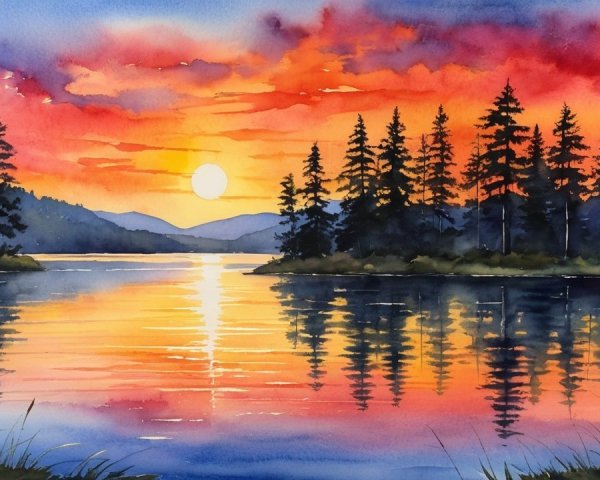 Vibrant Watercolor Sunset Over a Serene Lake