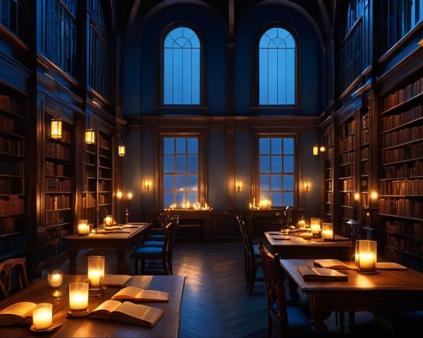 Cozy Dimly Lit Library with Candlelight and Books