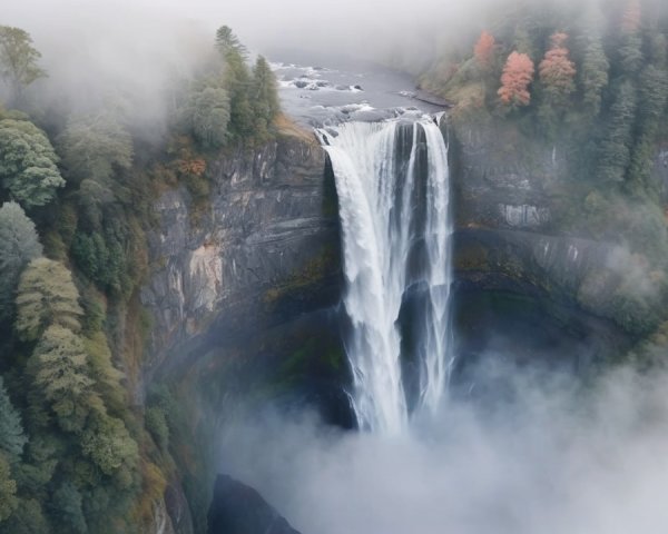 Cascading Waterfall Amidst Autumn Foliage and Greens