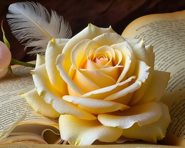 Creamy Yellow Rose on Aged Book Pages with Feather