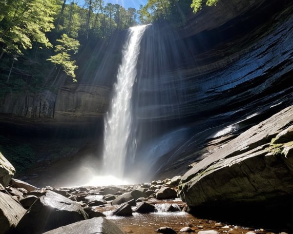 Waterfall Cascading Down Rocky Cliff Surrounded by Trees