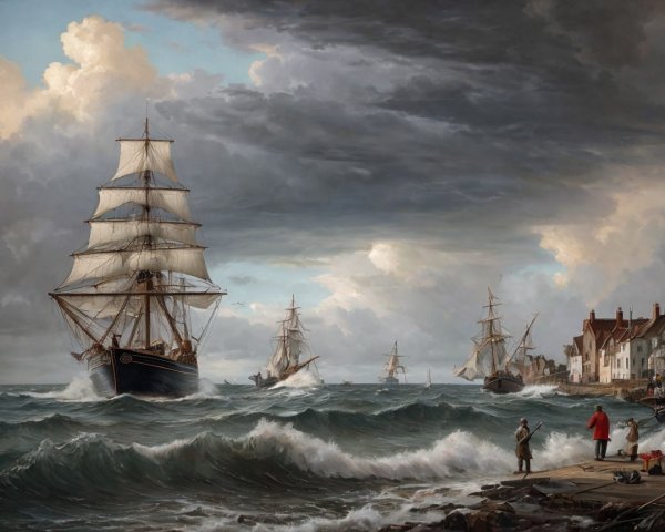 Dramatic Seascape with Tall Ships and Turbulent Waters