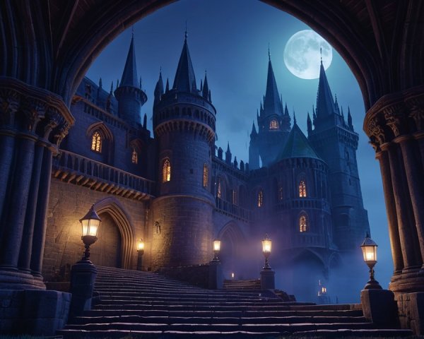 Gothic Castle Under Full Moon with Misty Atmosphere