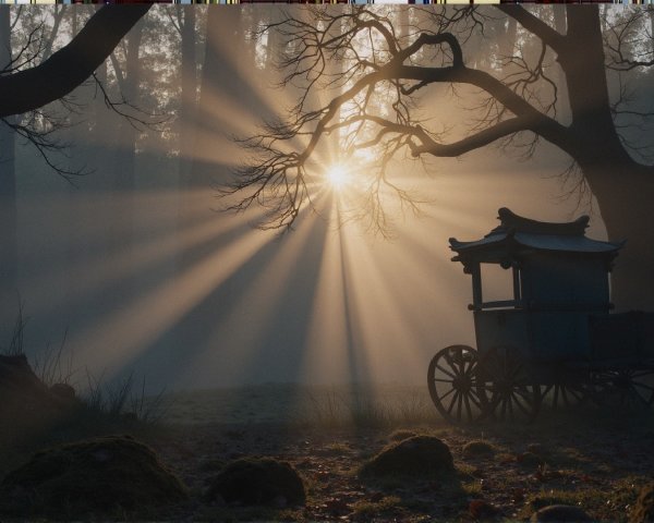 Misty Forest Morning with Sunlight and Old Cart