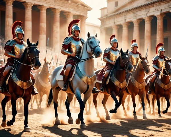 Cavalry Unit Advances Through Ancient City Landscape