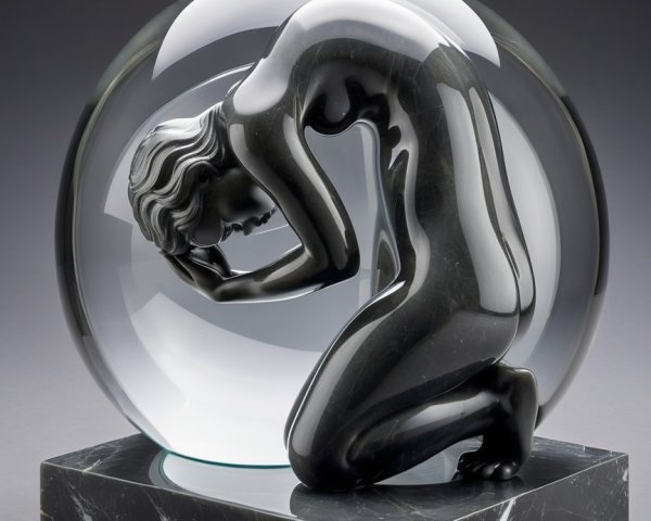 Kneeling Figure in Glass Orb with Dark Marble Base