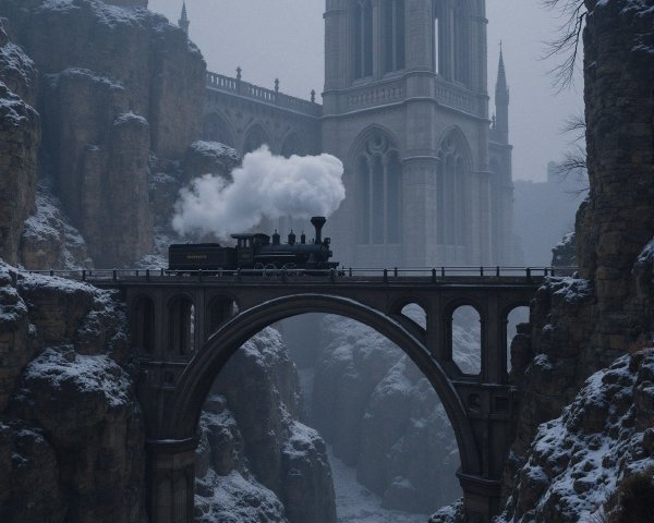 Vintage steam train crossing a stone bridge in winter