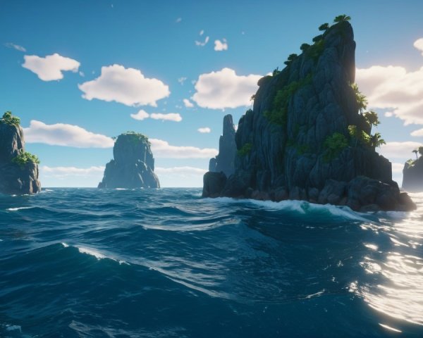 Tranquil Seascape with Rocky Islands and Lush Foliage