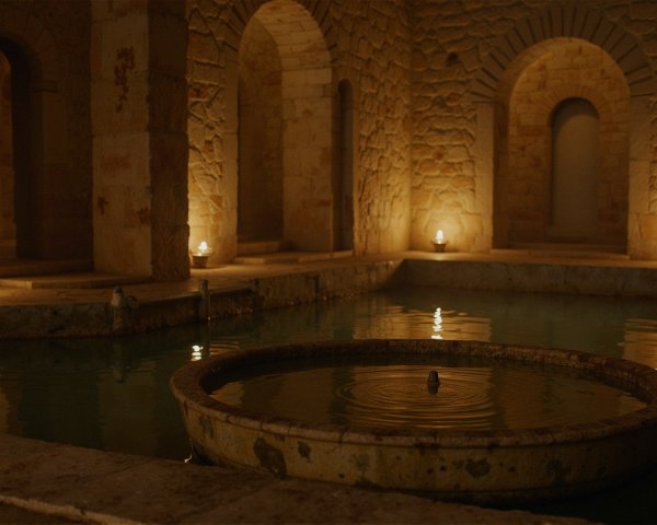 Ancient Bathing Room with Fountain and Candlelight