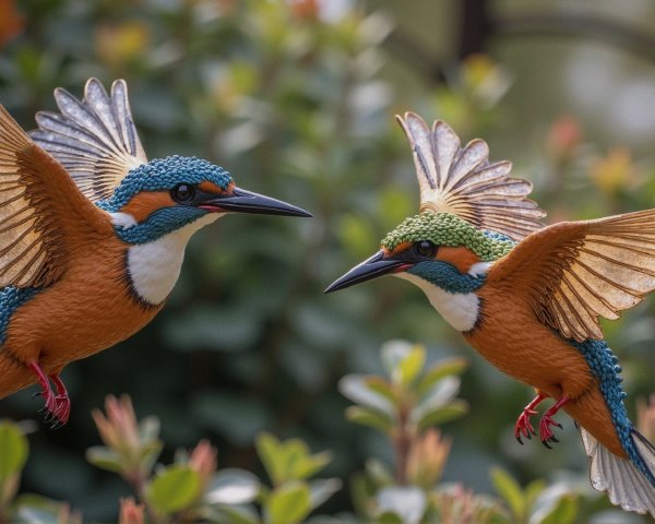 Vivid Kingfishers in Flight with Lush Greenery Background