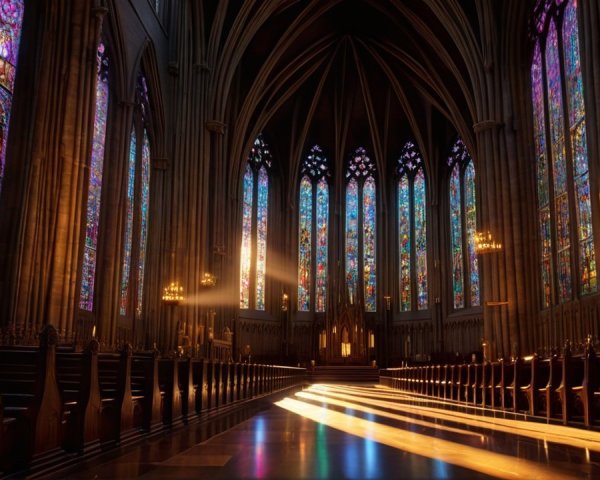 Interior Features of a Grand Cathedral with Stained Glass