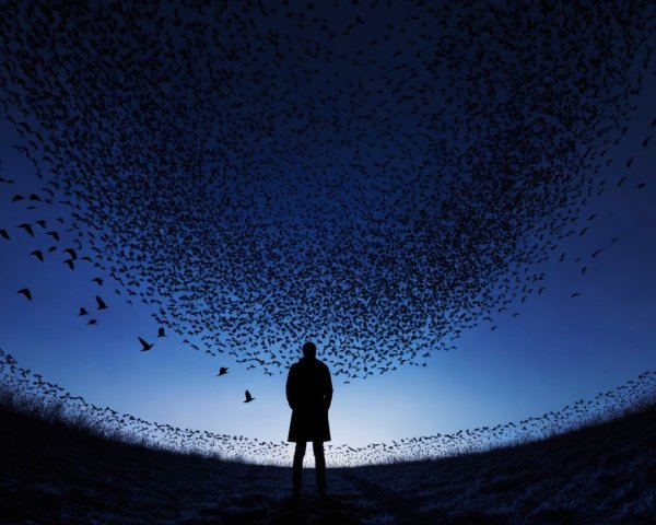 Silhouette Against Twilight Sky with Flocks of Birds