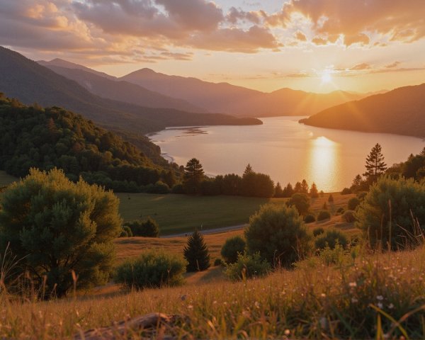 Tranquil Sunset Landscape with Lake and Hills
