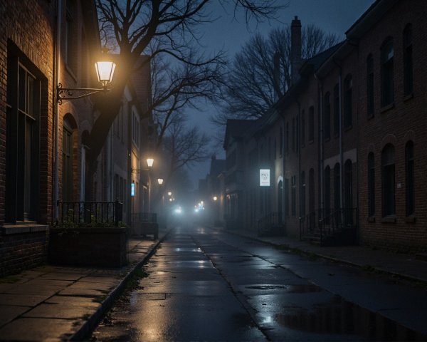 Quiet Night Street with Old Brick Buildings and Fog