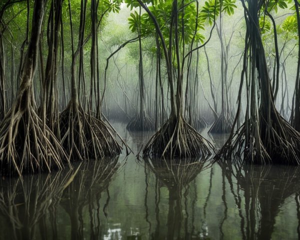 Serene mangrove forest with mist and reflective waters